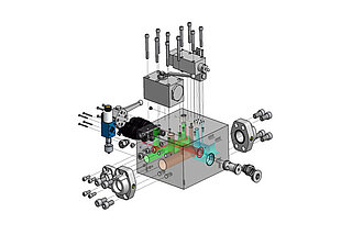 Mit CAD erstellte Ansicht eines Bauteils eines Hydrauliksystems